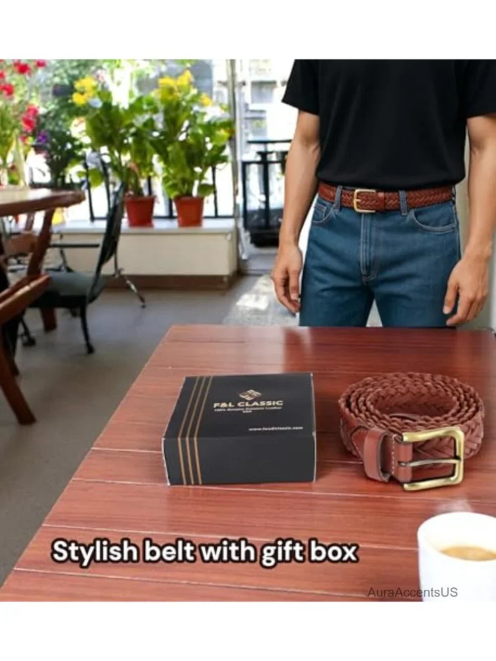 Men's Full-Grain Leather Braided Belt Woven Western Dress Casual